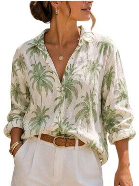 Tahari 100% Linen White Button Up Green Palm Tree Print Blouse Collared Size XL